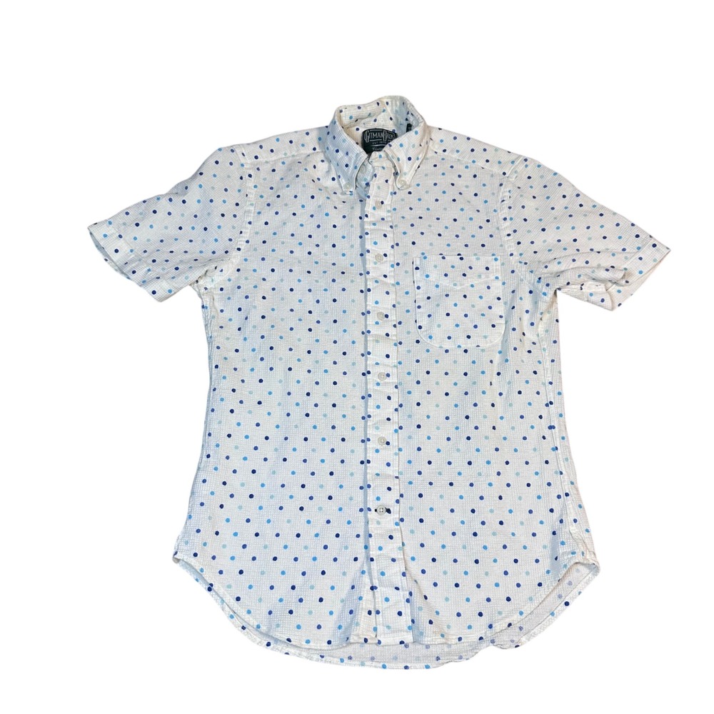 Gitman Bros Vintage Mens Small White Blue Polka Dot Waffle Seersucker SS Shirt